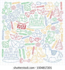 kindergarden doodles elements. patern with toys, objects. Cute child pattern. Endless texture for your design, greeting cards, posters . vector