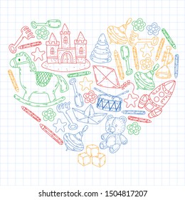 kindergarden doodles elements. patern with toys, objects. Cute child pattern. Endless texture for your design, greeting cards, posters . vector