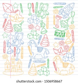 kindergarden doodles elements. patern with toys, objects. Cute child pattern. Endless texture for your design, greeting cards, posters . vector