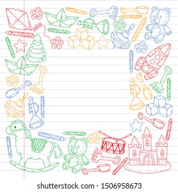 kindergarden doodles elements. patern with toys, objects. Cute child pattern. Endless texture for your design, greeting cards, posters . vector