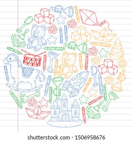 kindergarden doodles elements. patern with toys, objects. Cute child pattern. Endless texture for your design, greeting cards, posters . vector