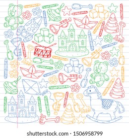 kindergarden doodles elements. patern with toys, objects. Cute child pattern. Endless texture for your design, greeting cards, posters . vector
