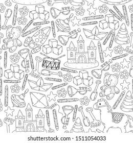 kindergarden doodles elements. patern with toys, objects. Cute child pattern. Endless texture for your design, greeting cards, posters . vector. seamless