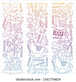kindergarden doodles elements. patern with toys, objects. Cute child pattern. Endless texture for your design, greeting cards, posters . vector