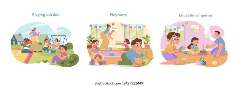 Kindergarten activities set. Outdoor play, creative playroom, and educational games. Joyful learning and childhood exploration. Engagement through play and imagination. Flat vector illustration