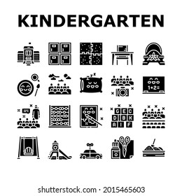 Kindergarten Activity Collection Icons Set Vector. Kindergarten Sleeping And Walking Time, Mathematics And Painting Studying Lesson, Puzzle Jigsaw And Toy Glyph Pictograms Black Illustrations