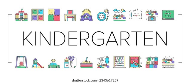 Kindergarten Activity Collection Icons Set Vector. Kindergarten Sleeping And Walking Time, Mathematics And Painting Studying Lesson, Puzzle Jigsaw And Toy Line Pictograms. Contour Color Illustrations