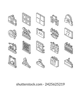 Kindergarten Activity Collection isometric icons set. Kindergarten Sleeping And Walking Time, Mathematics And Painting Studying Lesson, Puzzle Jigsaw And Toy Line Pictograms