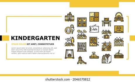 Kindergarten Activity Landing Web Page Header Banner Template Vector. Kindergarten Sleeping And Walking Time, Mathematics And Painting Studying Lesson, Puzzle Jigsaw And Toy Illustration