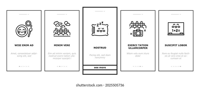 Kindergarten Activity Onboarding Mobile App Page Screen Vector. Kindergarten Sleeping And Walking Time, Mathematics And Painting Studying Lesson, Puzzle Jigsaw And Toy Illustrations