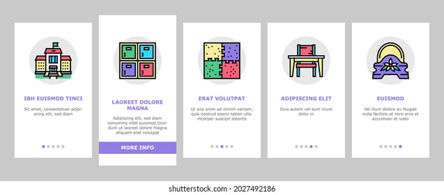 Kindergarten Activity Onboarding Mobile App Page Screen Vector. Kindergarten Sleeping And Walking Time, Mathematics And Painting Studying Lesson, Puzzle Jigsaw And Toy Illustrations