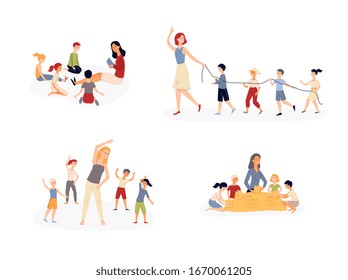 Kindergarten activity set - cartoon kids and teachers reading a book, doing exercises and playing together. Children in preschool - flat isolated vector illustration