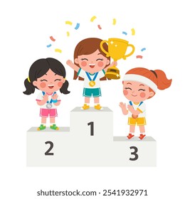 kindergarten aged girl athletes standing on a winner's podium after a fun sports competition, showing joyful gest. The three podiums are clearly visible wit.