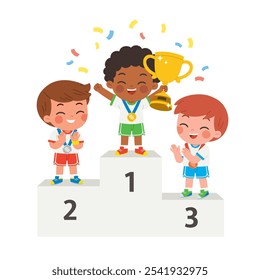 kindergarten aged girl athletes standing on a winner's podium after a fun sports competition, showing joyful gest. The three podiums are clearly visible wit.