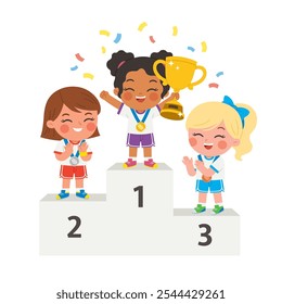 Kindergarten aged girl athletes standing on a winner's podium after a fun sports competition, showing joyful gest. The three podiums are clearly visible wit.