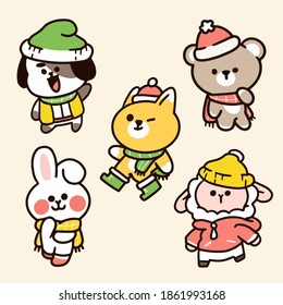 Kindergarten Animal Friends Winter Season Character Doodle First Premium Vector