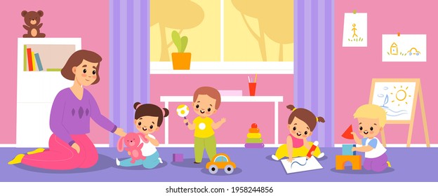 Kindergarten babies. Happy children with teacher in nursery, kids with toys, boys and girls educational game activities. Furniture and toys in play room interior vector cartoon concept