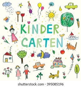 Kindergarten banner with funny kids drawing - vector design