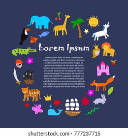 Kindergarten banner with hand drawn animals, fairytale characters, flowers. Cute background, poster with copy space.