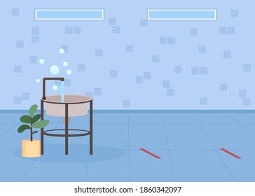 Kindergarten bathroom flat color vector illustration. Restroom with sink. Quarantine protective signs on floor. Pre school washroom 2D cartoon interior with markers for social distance on background