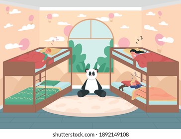 Kindergarten bed time flat color vector illustration. Preschool childcare. Daytime naptime for children. Boys and girl in bunk beds. Sleeping kids 2D cartoon characters with window on background