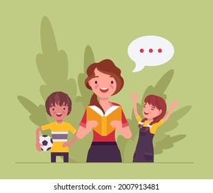 Kindergarten book story reading aloud, female teacher, children. Preschool classroom read-aloud interesting lesson, little kids learning with fun and pleasure. Vector flat style cartoon illustration