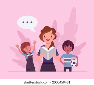 Kindergarten Book Story Reading Aloud, Female Teacher, Children. Preschool Classroom Read-aloud Interesting Lesson, Little Kids Learning With Fun And Pleasure. Vector Flat Style Cartoon Illustration