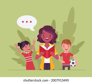 Kindergarten Book Story Reading, Black Female Teacher And Children. Preschool Classroom Read-aloud Interesting Lesson, Little Kids Learning With Fun, Pleasure. Vector Flat Style Cartoon Illustration