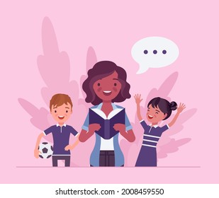 Kindergarten Book Story Reading, Black Female Teacher And Children. Preschool Classroom Read-aloud Interesting Lesson, Little Kids Learning With Fun, Pleasure. Vector Flat Style Cartoon Illustration