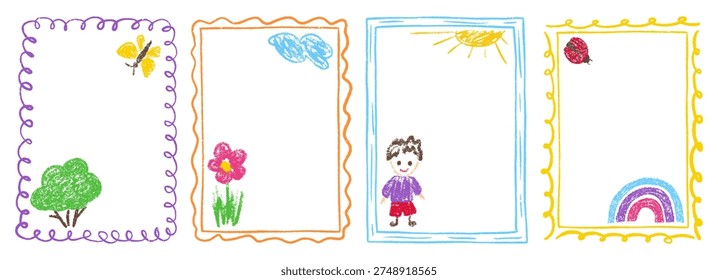 Kindergarten border box with frame crayon pastel for kid pencil text. Drawn drawing shape with heart birthday cute for child childish day. Gift kids kindergarten with doodle frame chalk.