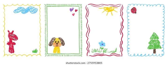 Kindergarten border box and frame crayon pastel with kid pencil text. Drawn drawing shape and heart birthday cute with child childish day. Gift kindergarten background and doodle frame chalk.