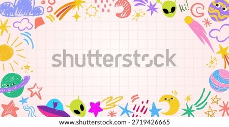 Kindergarten border frame with cute space doodles - colorful alien faces and planets, stars and sun, moon and comets. Playful hand drawn school background on grid paper for child banner layouts.