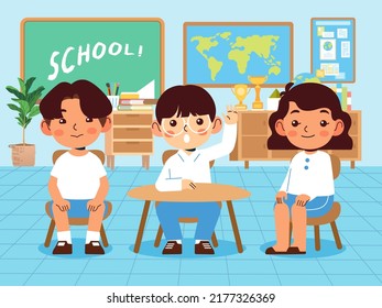 Kindergarten boy and girl studying in the classroom, boys raise their hands to answer. smart imaginative creative child