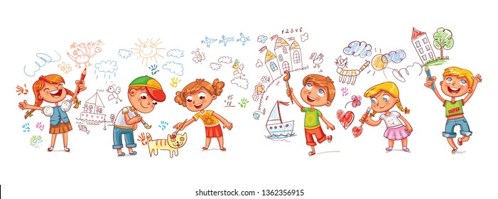 Kindergarten. Boys and girls drawing pictures scribbles on the walls. Children draw with felt-tip, paints and crayons. Template for advertising brochure. Funny cartoon character. Vector illustration.