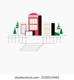 Kindergarten building in flat vector illustration symbolizing education, early learning, and child care, isolated on white background.