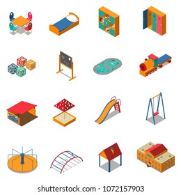 Kindergarten building with interior elements, play ground with sand box, slide, swing, isometric icons isolated vector illustration