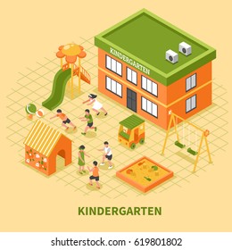 Kindergarten building isometric composition with kids group busy in sport and mobile games on playground vector illustration