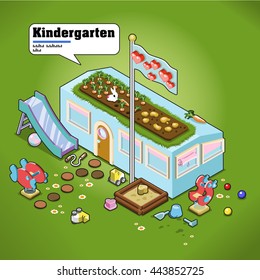 Kindergarten building with playground and rooftop beeds. AR description in speech bubble  (isometric view)