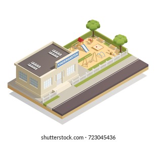 Kindergarten building with trees and children playground with slide, swings, benches, sandbox, climbing frame isometric vector illustration