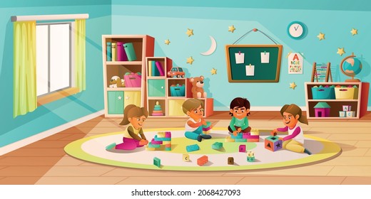 Kindergarten cartoon background with children play together with cubes and developmental constructor vector illustration