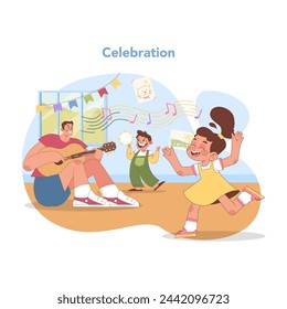 Kindergarten celebration with music and dance. Happy children express joy through movement and song, with teacher accompanying on guitar. Festive atmosphere in classroom. Flat vector illustration