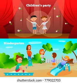 Kindergarten characters compositions with performance of girl and boy and kids on playground isolated vector illustration