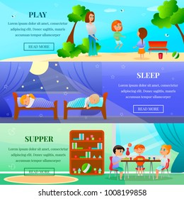 Kindergarten characters set of horizontal banners with kids during outdoor games, eating and sleep isolated vector illustration