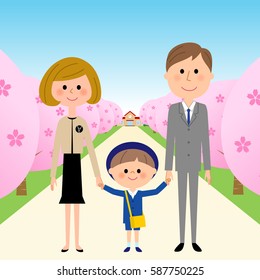 Kindergarten child, nursery school child,parents,cherry blossoms