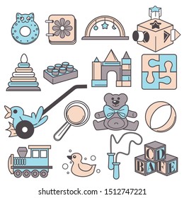 Kindergarten Childish toys, baby development and child games, isolated icons vector. Rattle and color cards, bedroom decor and cubes. Pyramid and building kit, jigsaw puzzle and teddy bear, ball