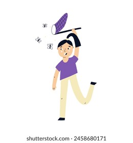 Kindergarten Children Catching Butterflies. Kid vector clipart