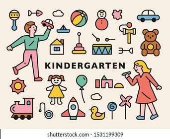 Kindergarten children characters and toys icons. flat design style minimal vector illustration.