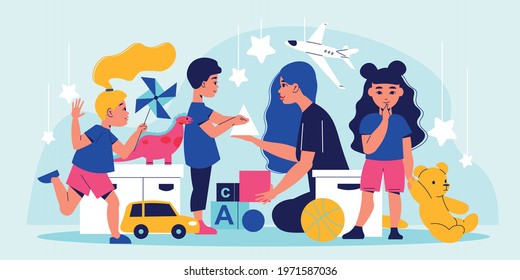 Kindergarten children composition with female character of nanny playing with group of kids surrounded by toys vector illustration