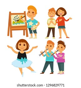 Kindergarten children doing arts painting and singing ballet and music vector boy easel and palette girl in tutu kids with flutes education and intellectual development toddlers isolated characters.