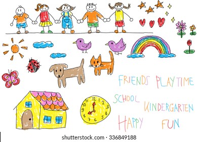 Kindergarten children doodle crayon drawing of a friend and kid environment such as animal pet house flower rainbow in happy cartoon character icon in isolated background with handwriting (vector)

